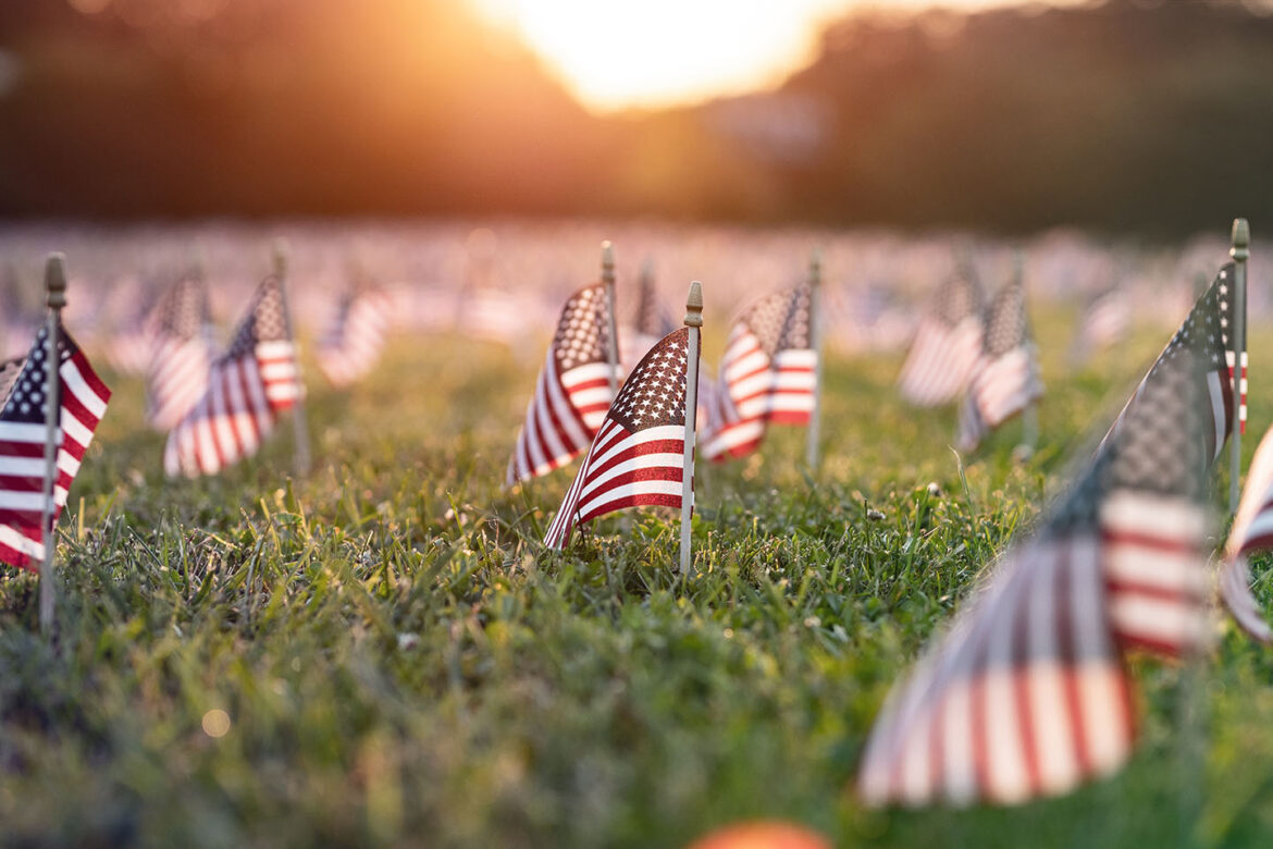 Early morning sun rise shining on American flags in the ground in Washington DC representing Live Oak's financing veteran financing programs and small business loans